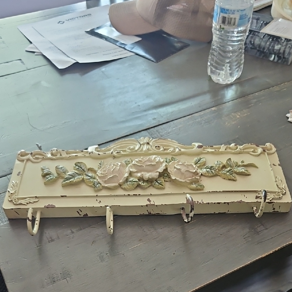 Cream and Green Floral Wall Hooks with Intricate Design